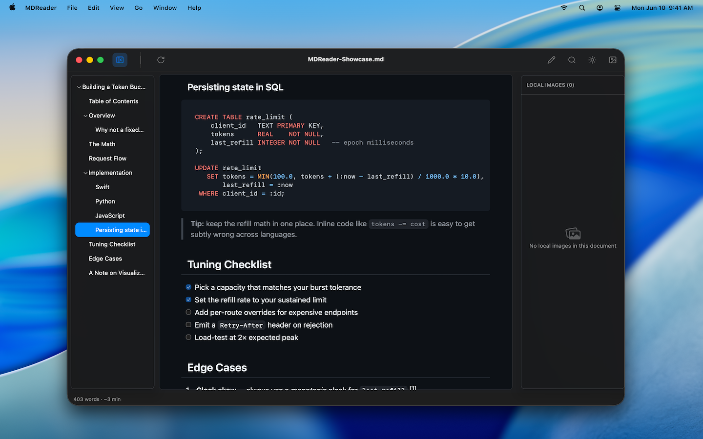 MDReader dark theme with code highlighting