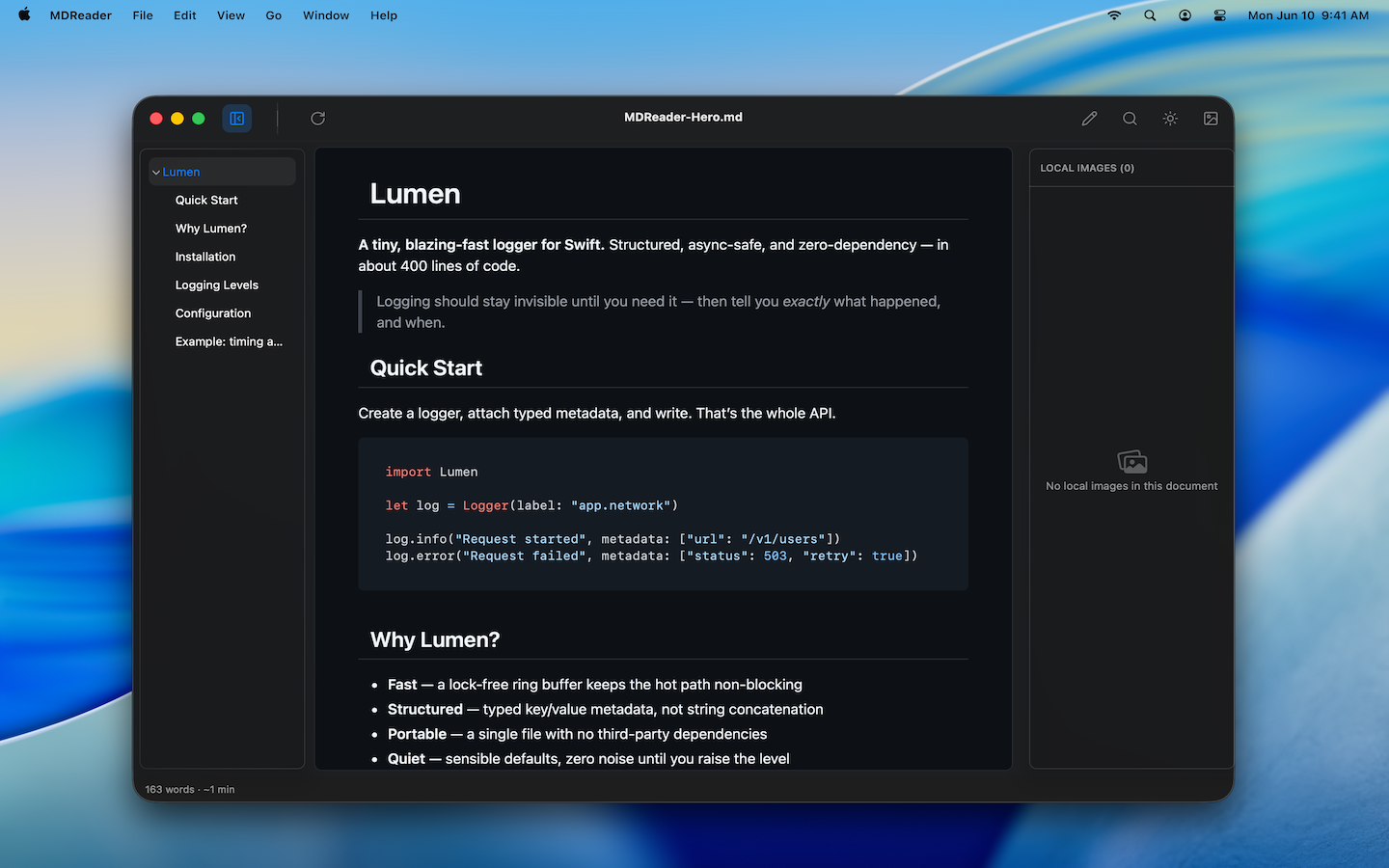 MDReader rendering a Markdown document with table of contents sidebar